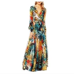 NWT Sheer Vibrant Boho Flowy Floral Palm Pattern V-Neck Long Sleeve Maxi Dress